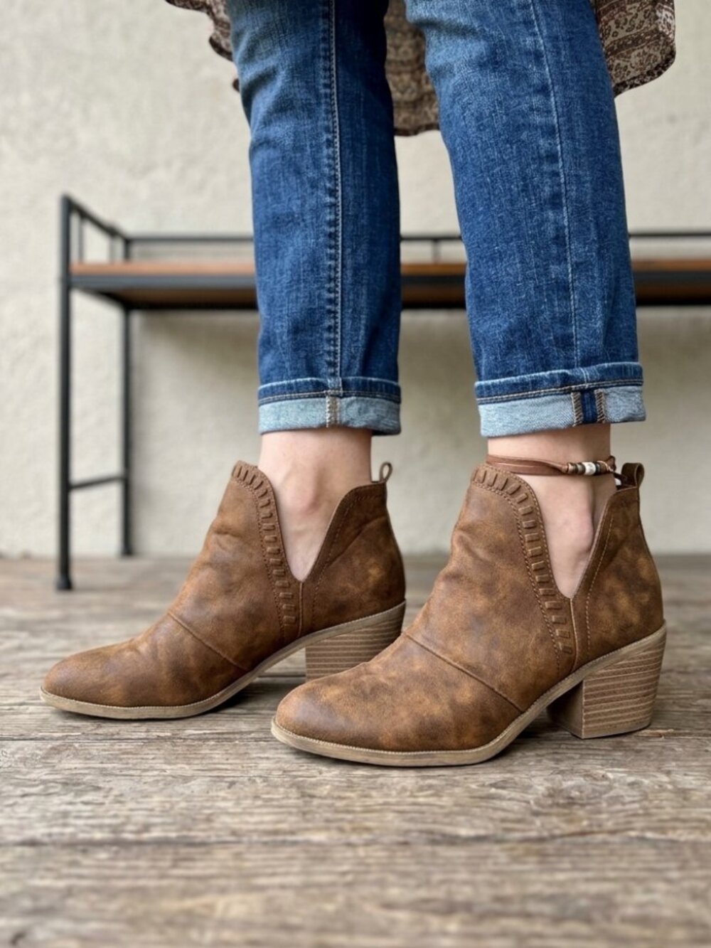 Rock and Candy Lipton Slide In Distressed Western Cut Out Brown Bootie